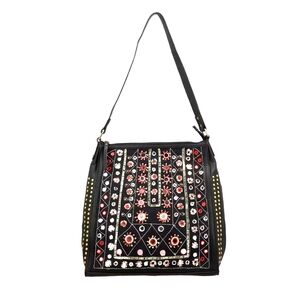 Embroidered Black Genuine Leather Shoulder Bag